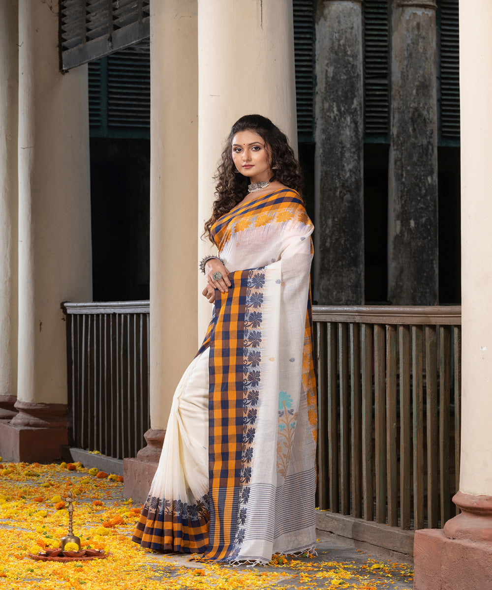 White multicolor handloom jamdani cotton saree