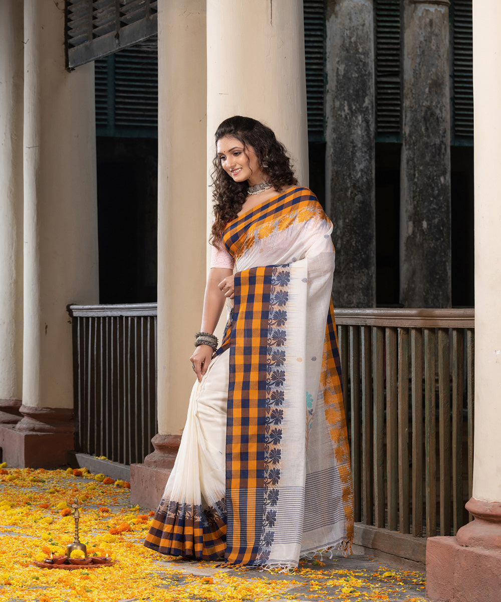 White multicolor handloom jamdani cotton saree