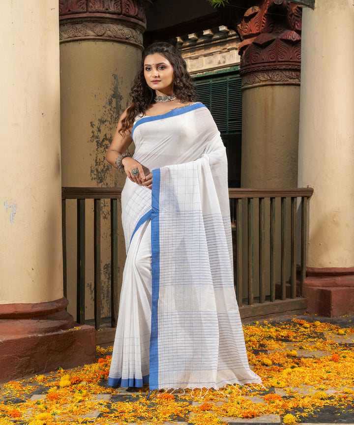 White blue cotton handloom bengal saree