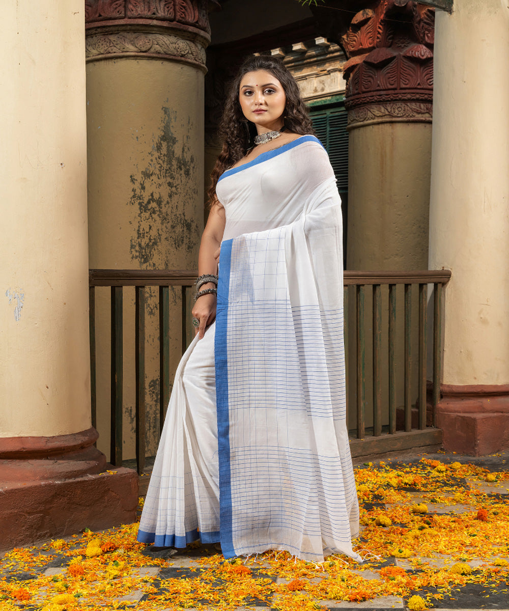 White blue cotton handloom bengal saree
