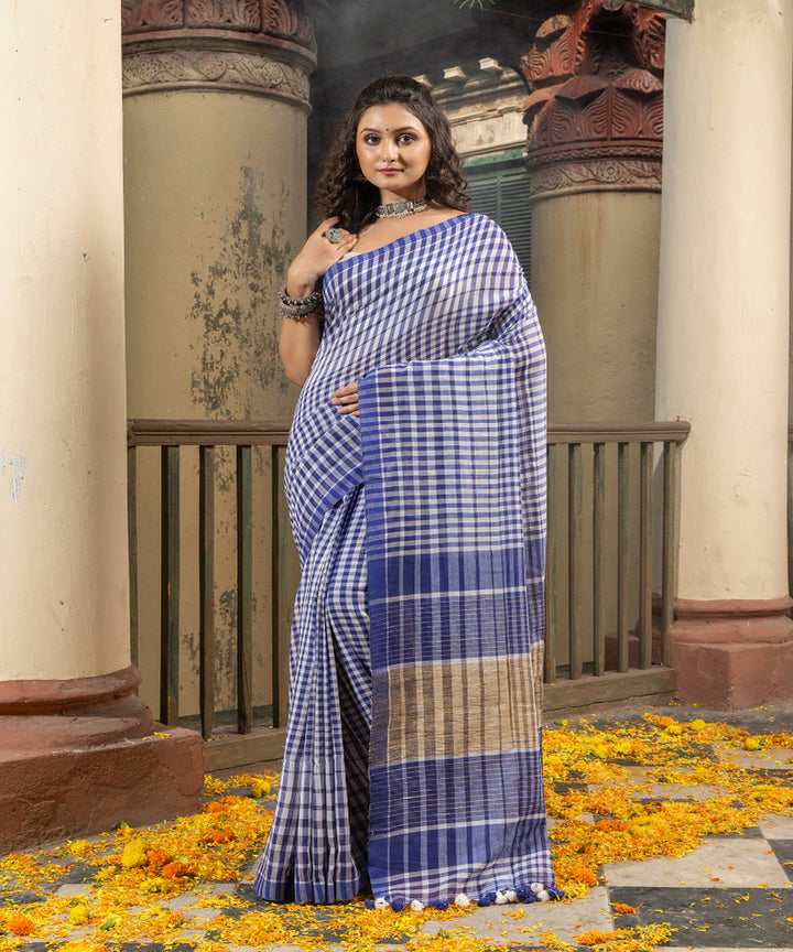 Blue white cotton handloom bengal saree