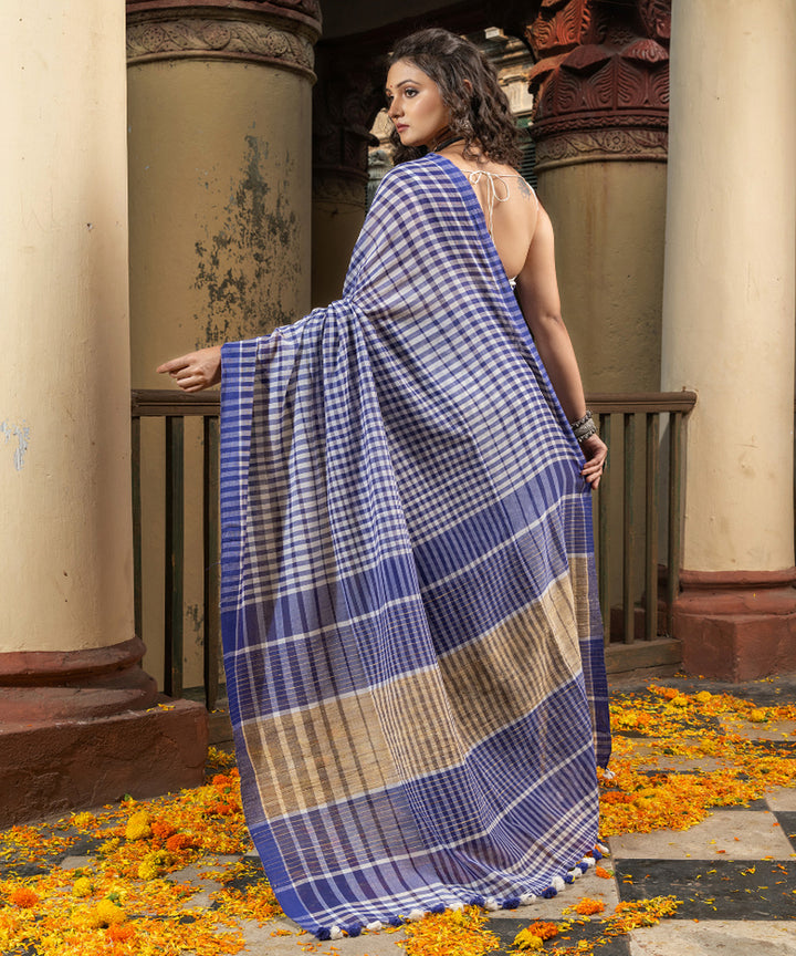 Blue white cotton handloom bengal saree