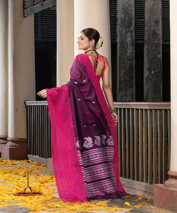 Magenta handloom cotton jamdani saree