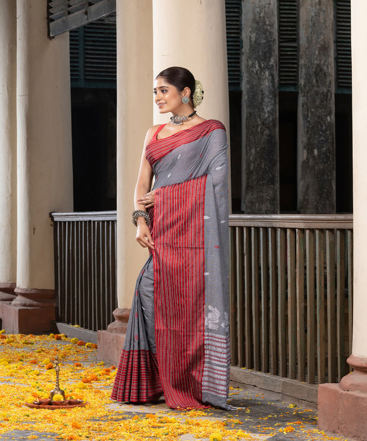 Grey red cotton handloom jamdani saree