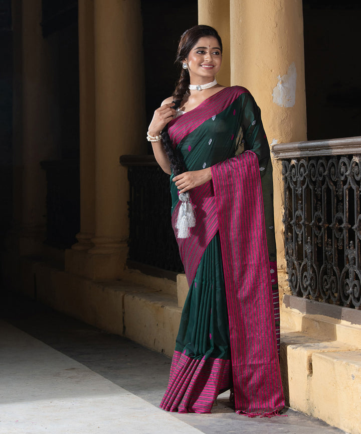 Bottle green pink cotton handloom jamdani saree