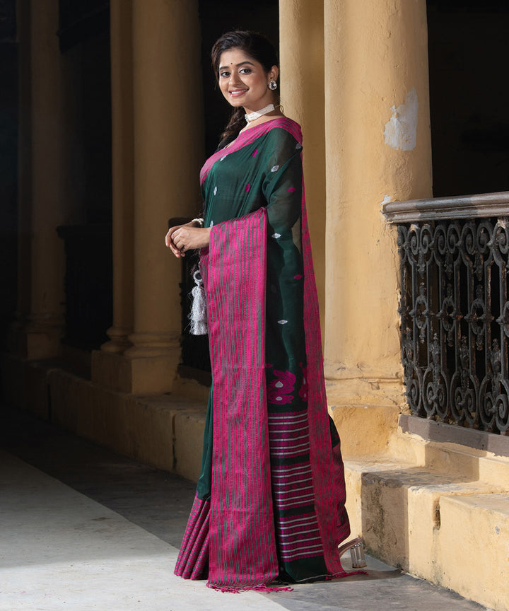 Bottle green pink cotton handloom jamdani saree