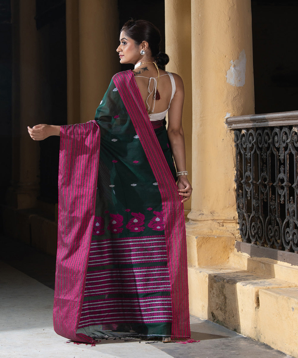 Bottle green pink cotton handloom jamdani saree