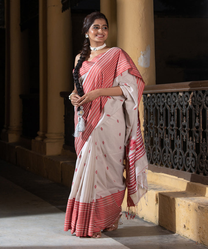 Offwhite red cotton handloom jamdani saree