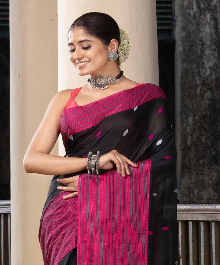 Black pink cotton handloom jamdani saree