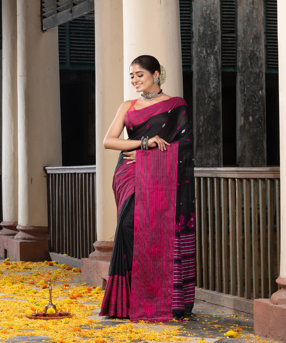 Black pink cotton handloom jamdani saree