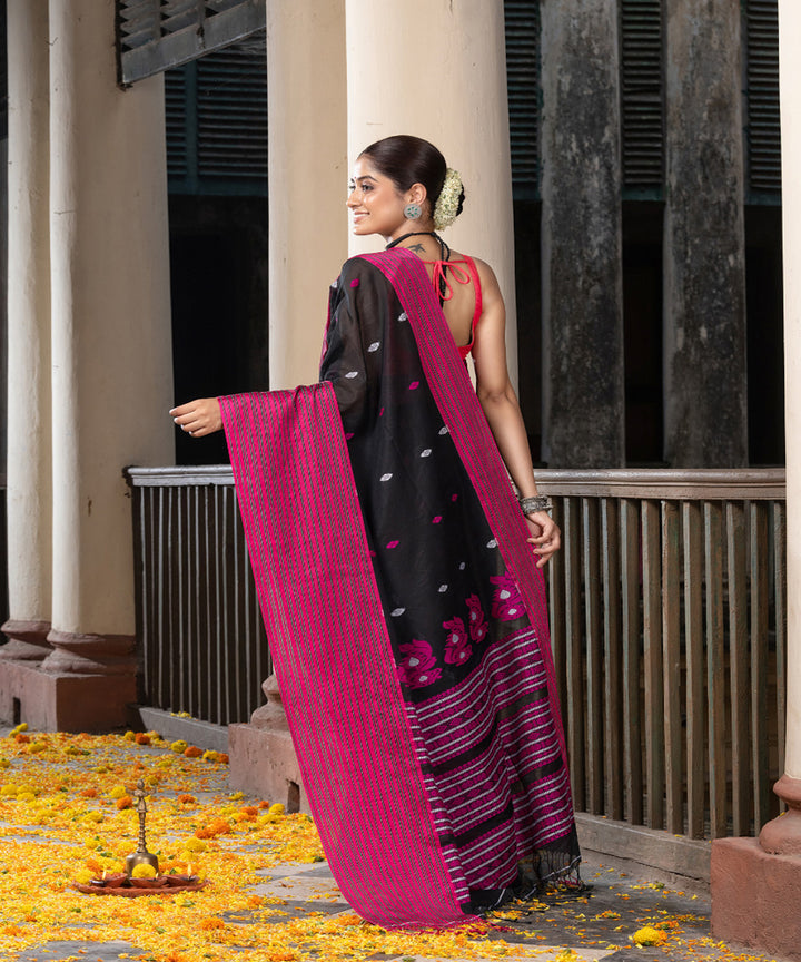 Black pink cotton handloom jamdani saree