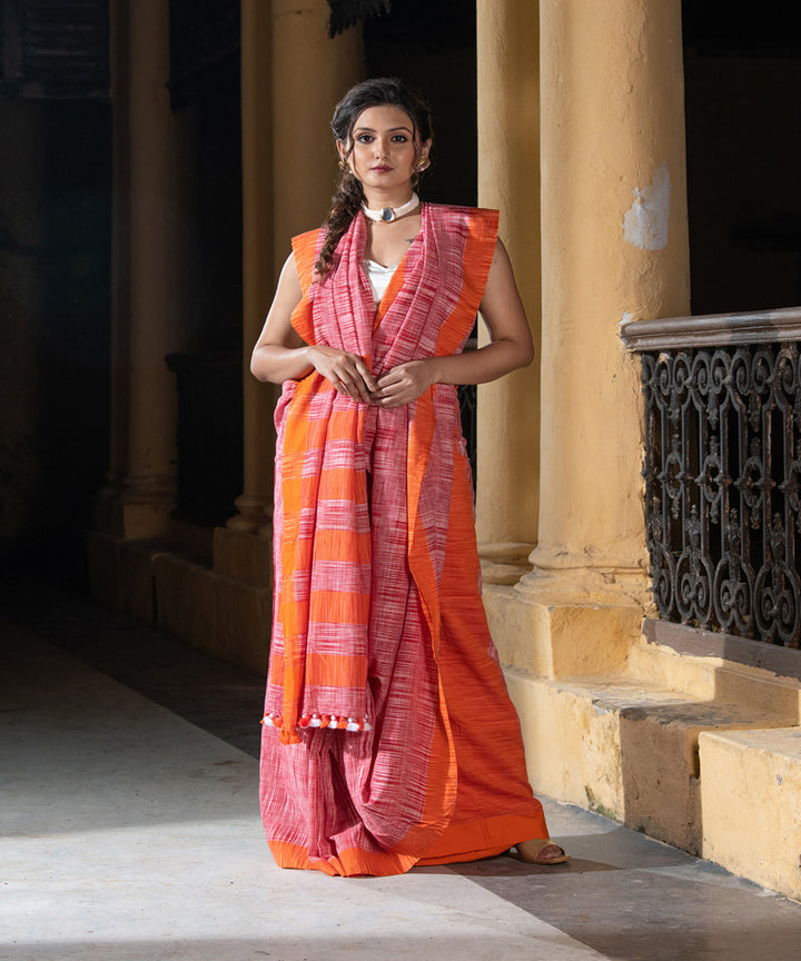 Red orange cotton tie dye handloom bengal saree