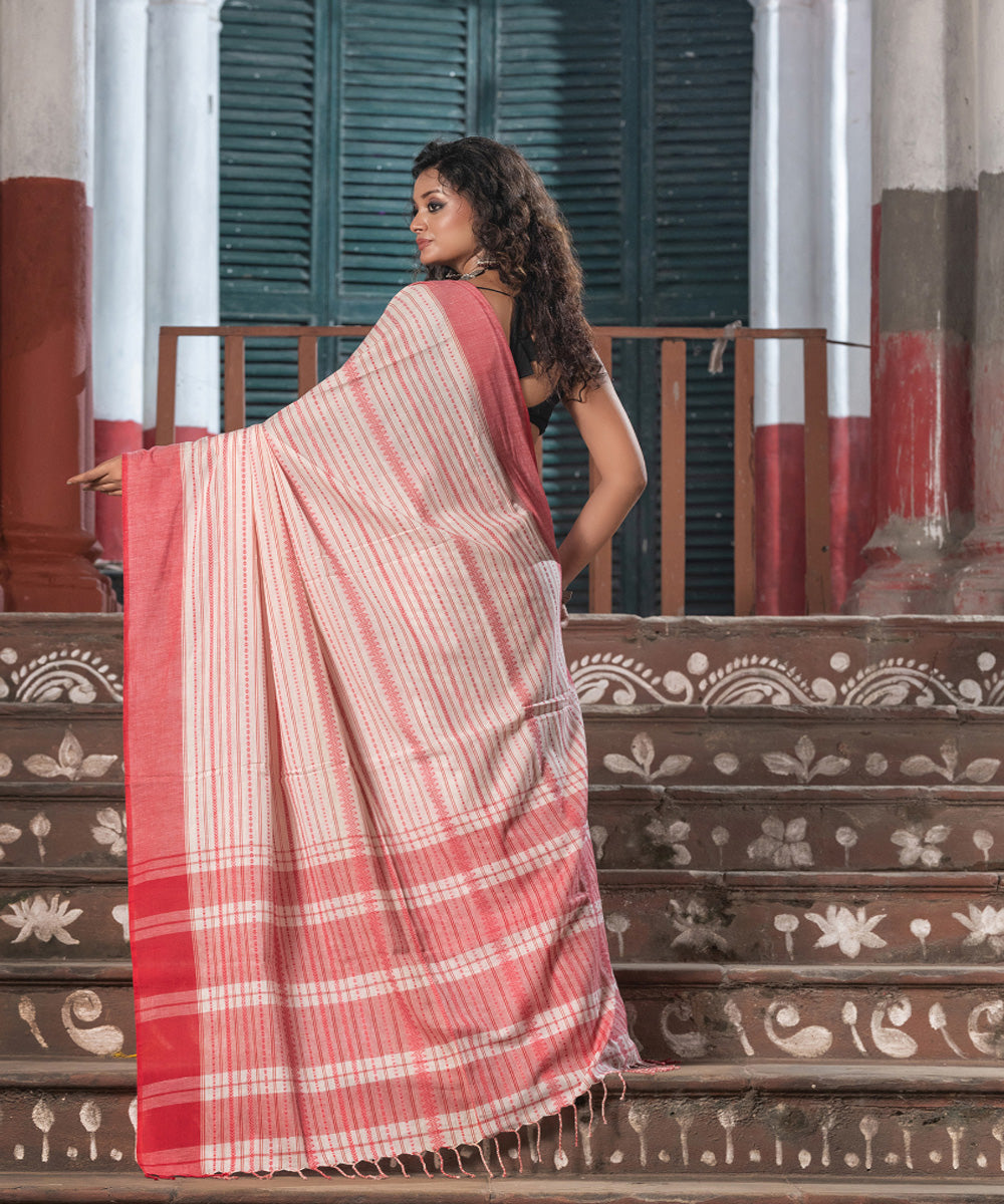 Offwhite red cotton handloom bengal saree