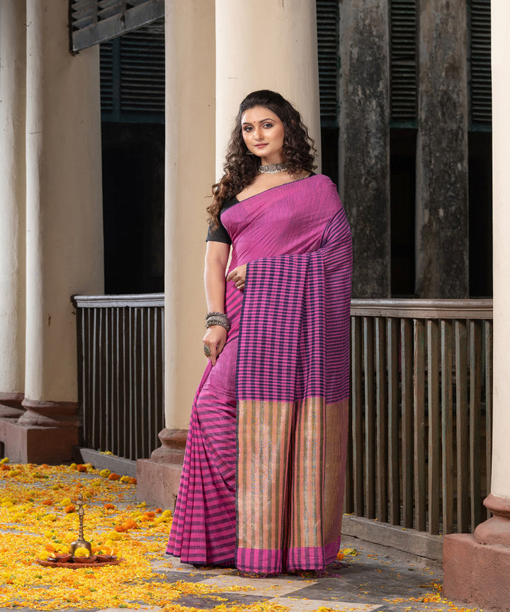 Pink cotton stripes handloom bengal saree