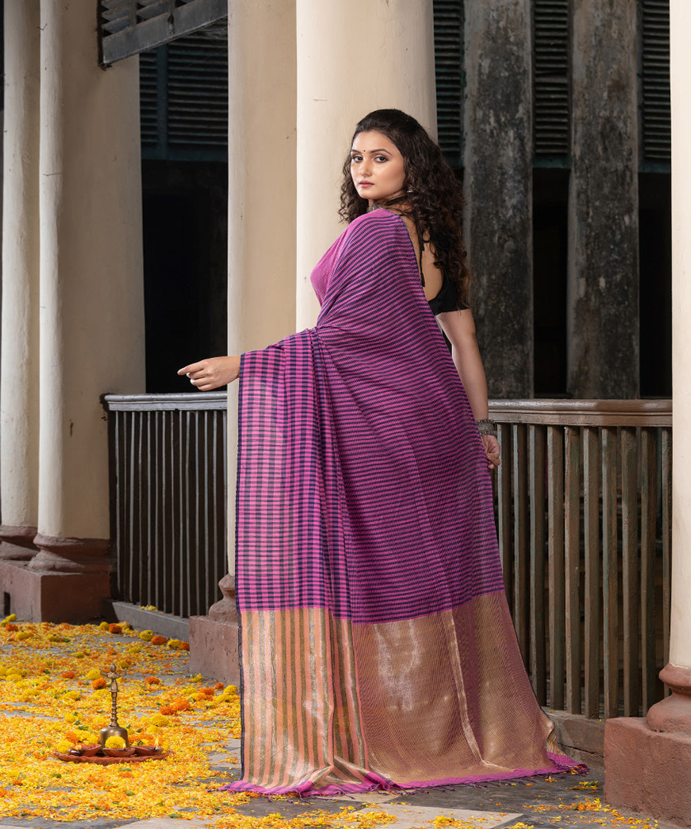 Pink cotton stripes handloom bengal saree