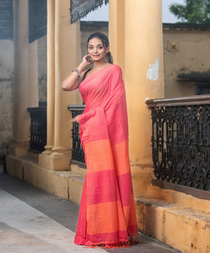 Pink cottonplain handloom bengal saree