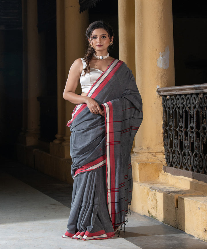 Dark grey cotton handloom bengal saree