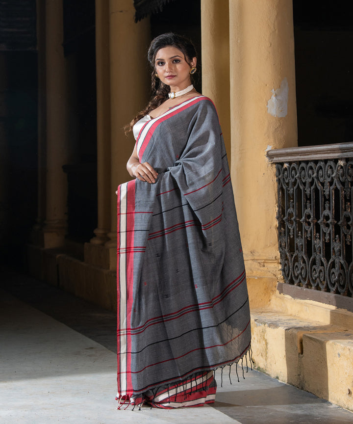 Dark grey cotton handloom bengal saree