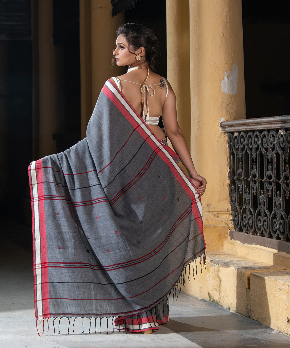 Dark grey cotton handloom bengal saree