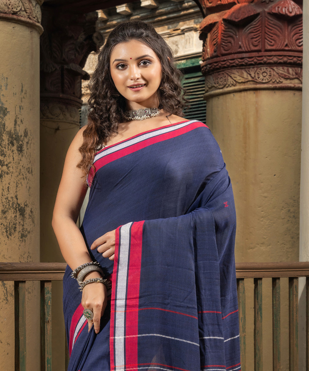 Navy blue red cotton handloom bengal saree