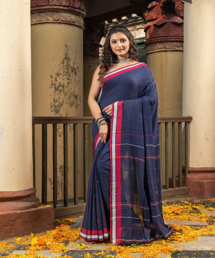 Navy blue red cotton handloom bengal saree