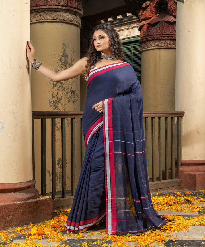 Navy blue red cotton handloom bengal saree