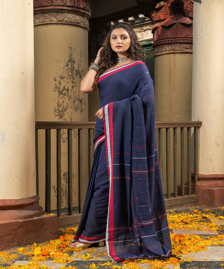 Navy blue red cotton handloom bengal saree