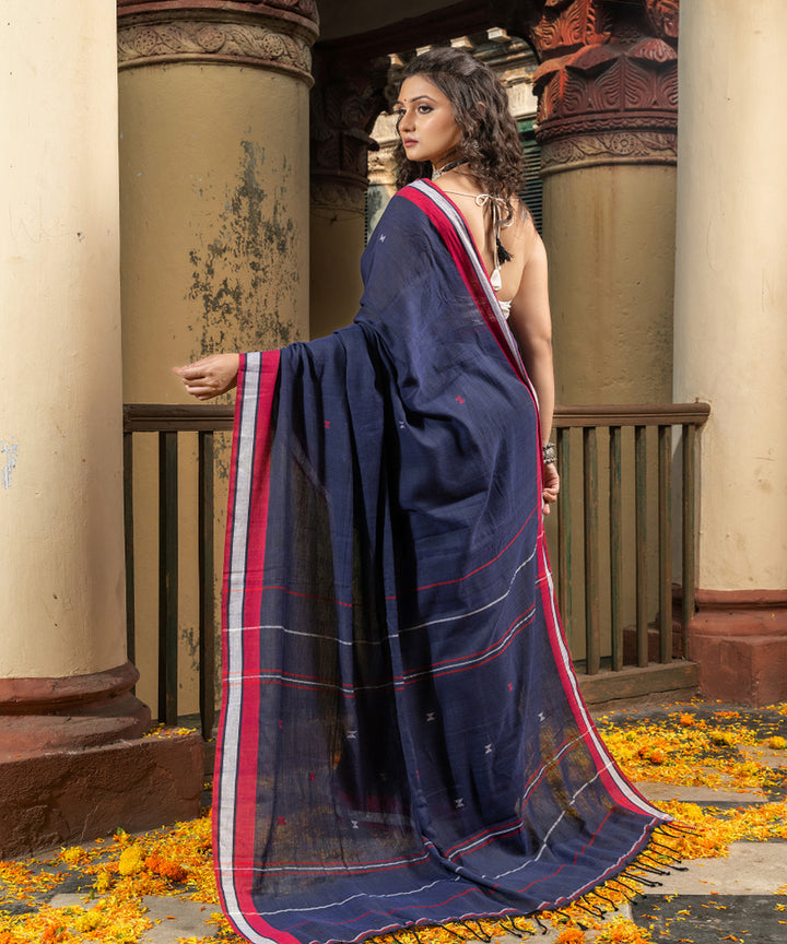 Navy blue red cotton handloom bengal saree