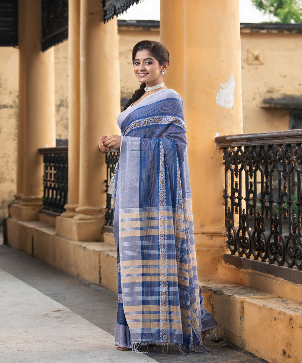 Blue cotton jacquard stripes handloom saree