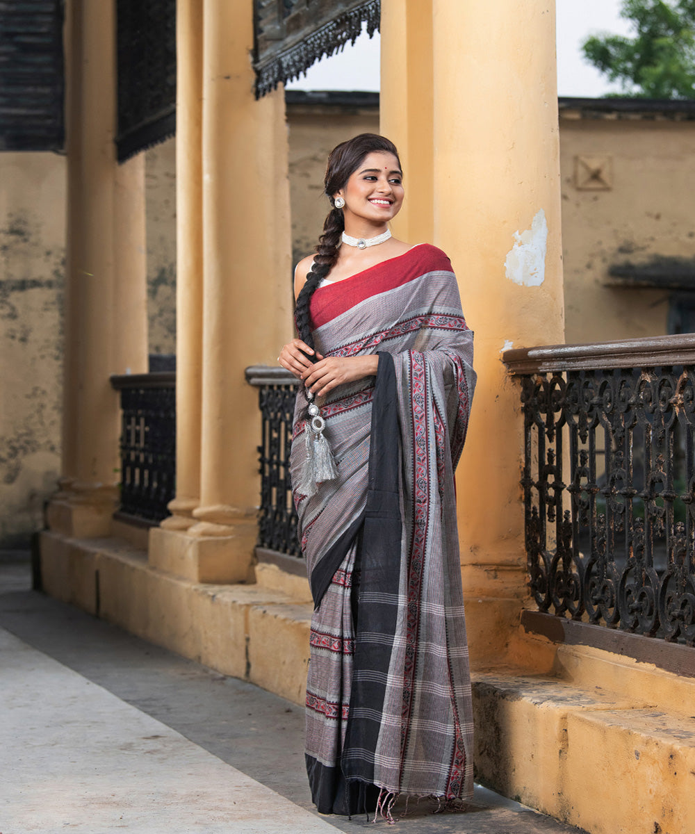 Grey cotton handloom ganga jamuna border saree