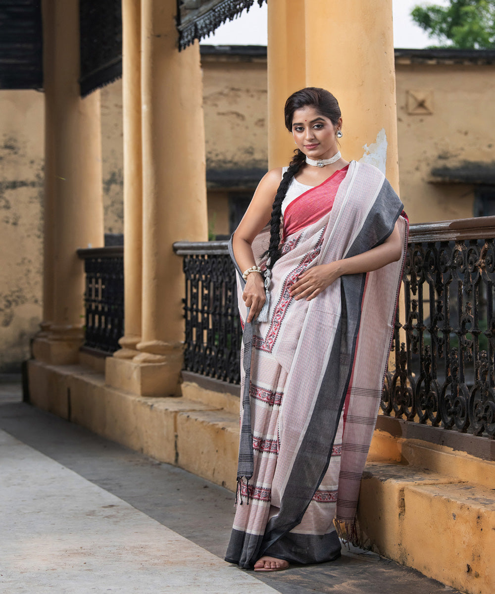 Offwhite cotton handloom ganga jamuna border saree