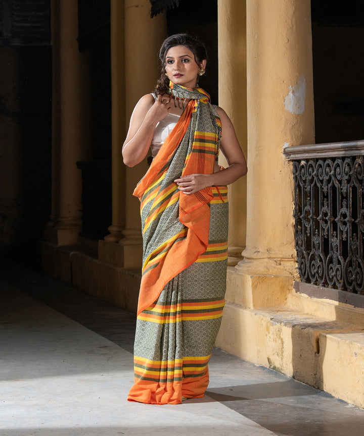 Yellow multicolor cotton stripes jacquard handloom saree