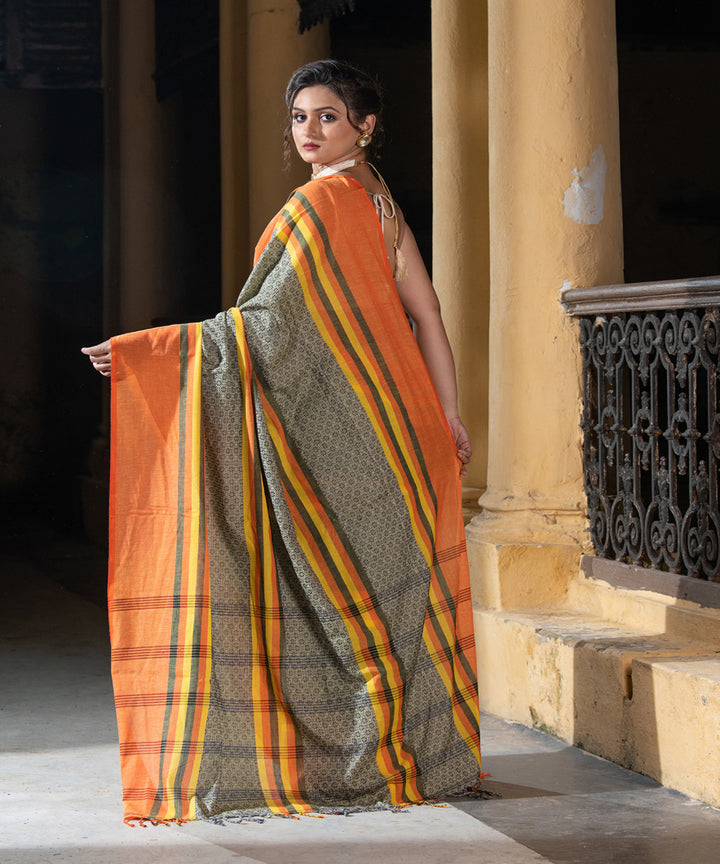 Yellow multicolor cotton stripes jacquard handloom saree