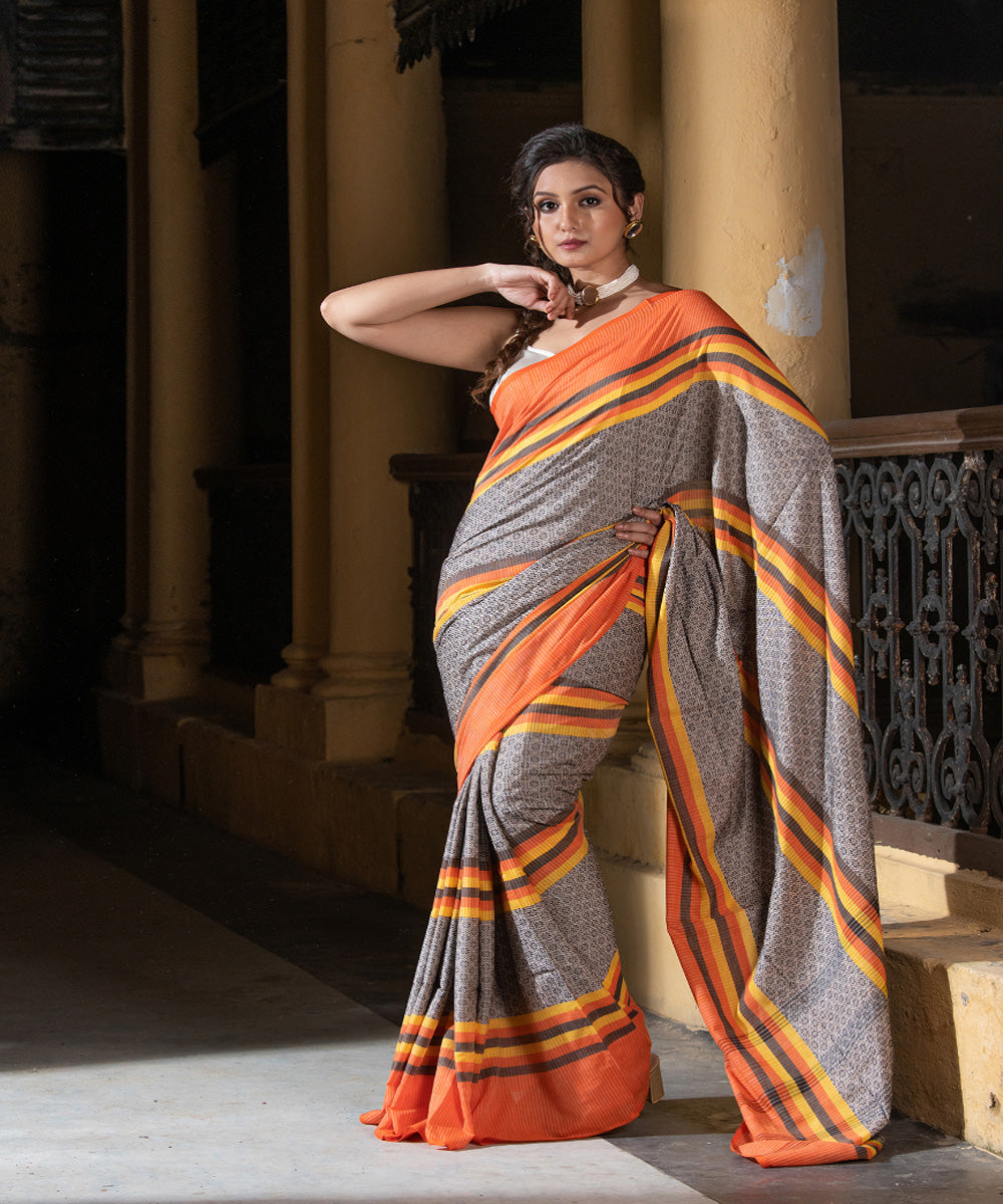 Beige multicolor cotton stripes jacquard handloom saree