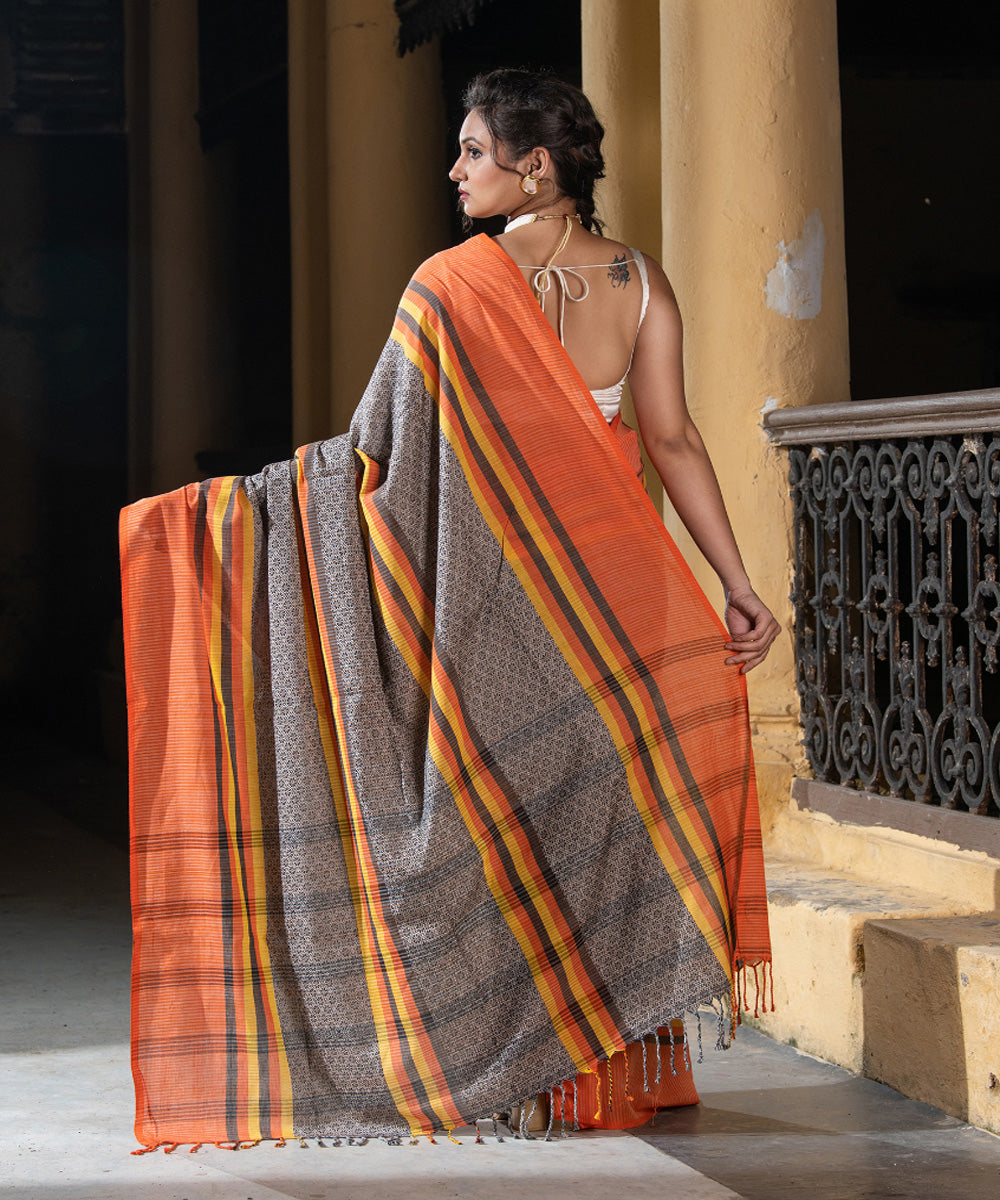 Beige multicolor cotton stripes jacquard handloom saree