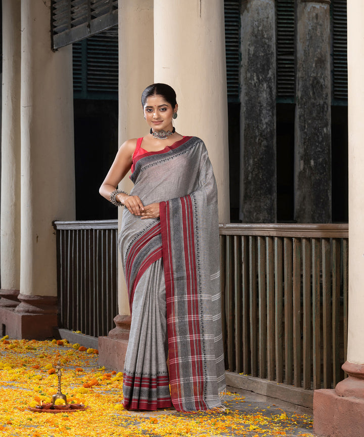 Grey cotton stripes pallu handloom saree