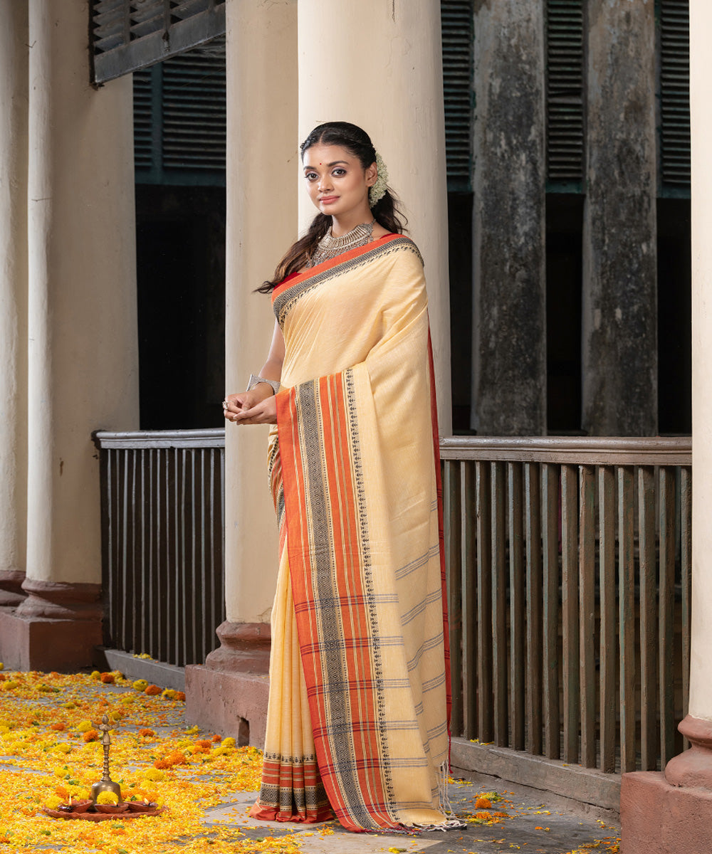 Sand yellow cotton stripes pallu handloom saree