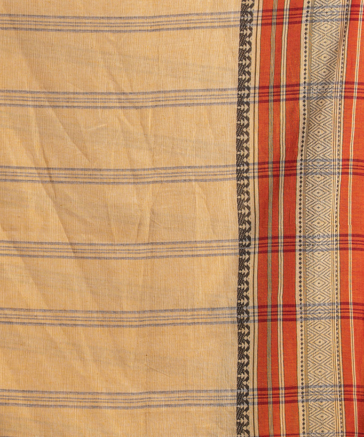 Sand yellow cotton stripes pallu handloom saree