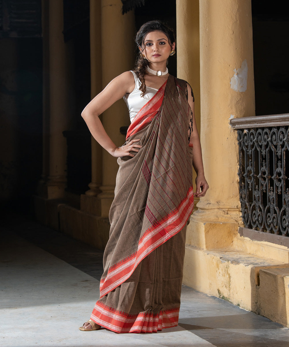 Ivory brown cotton stripes pallu handloom saree