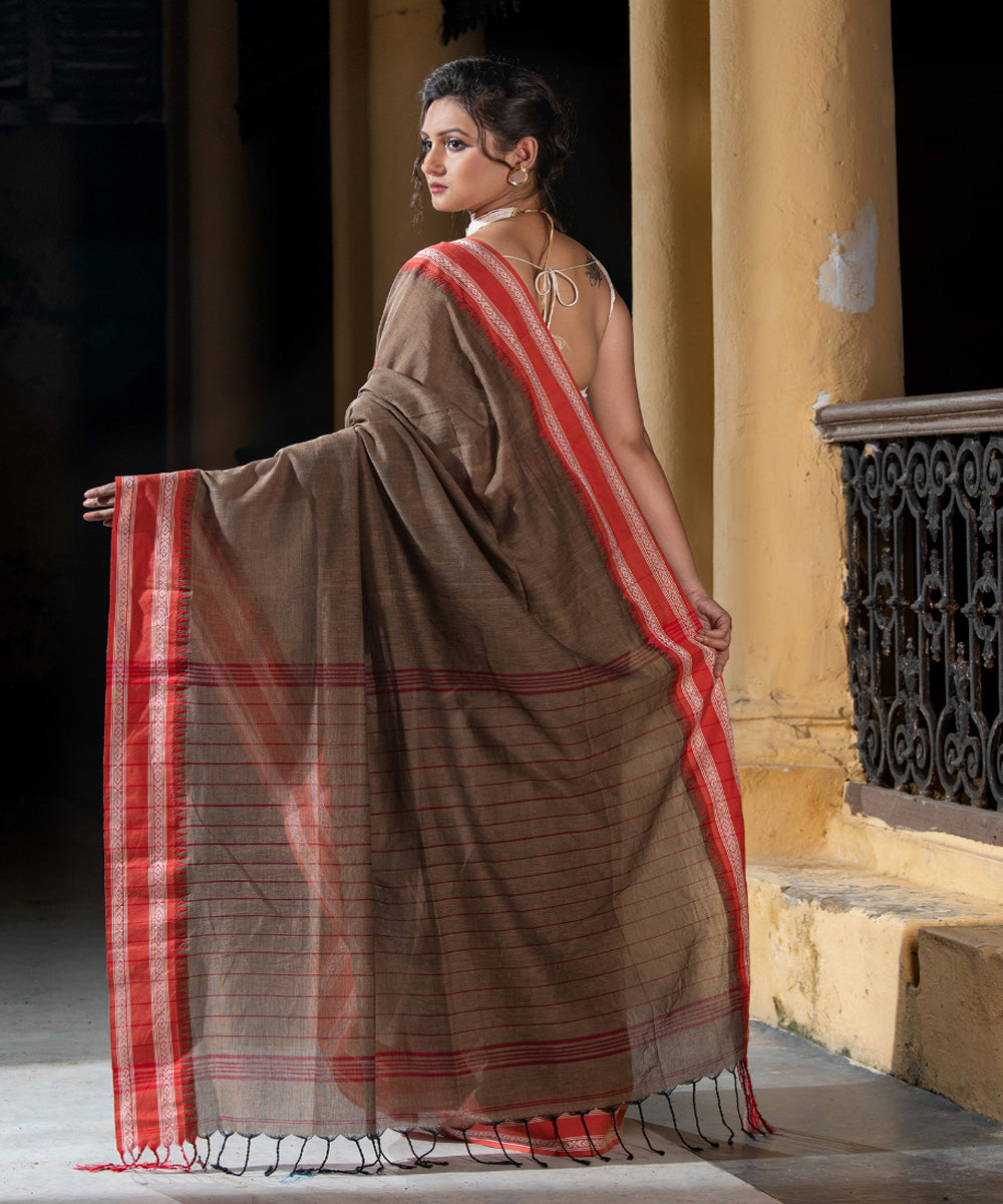 Ivory brown cotton stripes pallu handloom saree