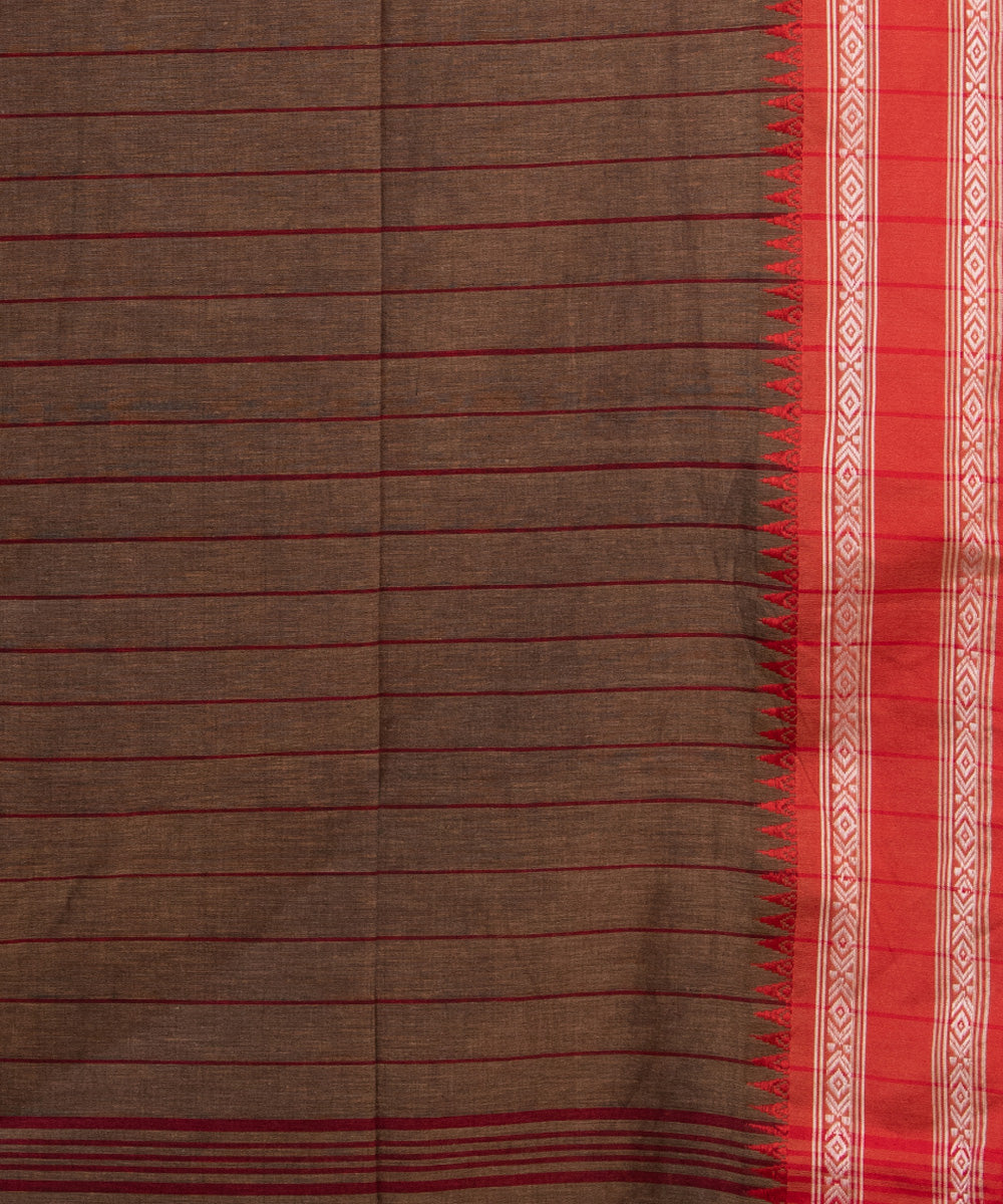 Ivory brown cotton stripes pallu handloom saree