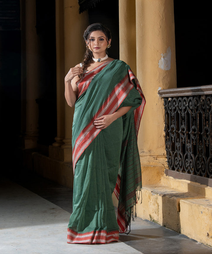 Lagoon green cotton stripes pallu handloom saree