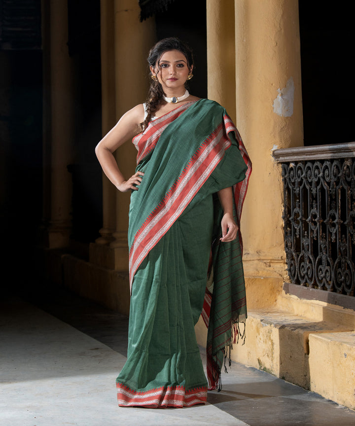 Lagoon green cotton stripes pallu handloom saree