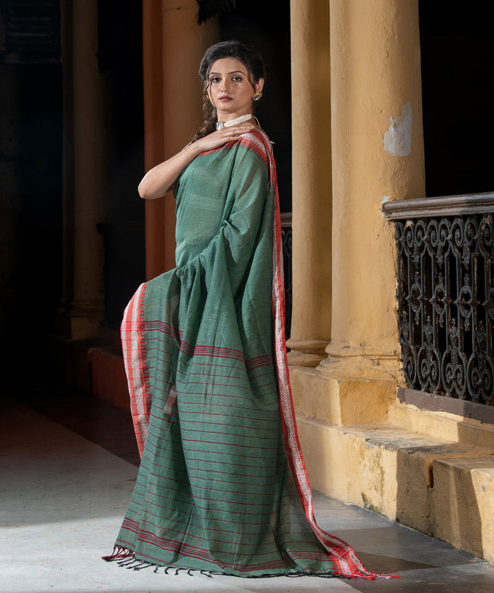 Lagoon green cotton stripes pallu handloom saree