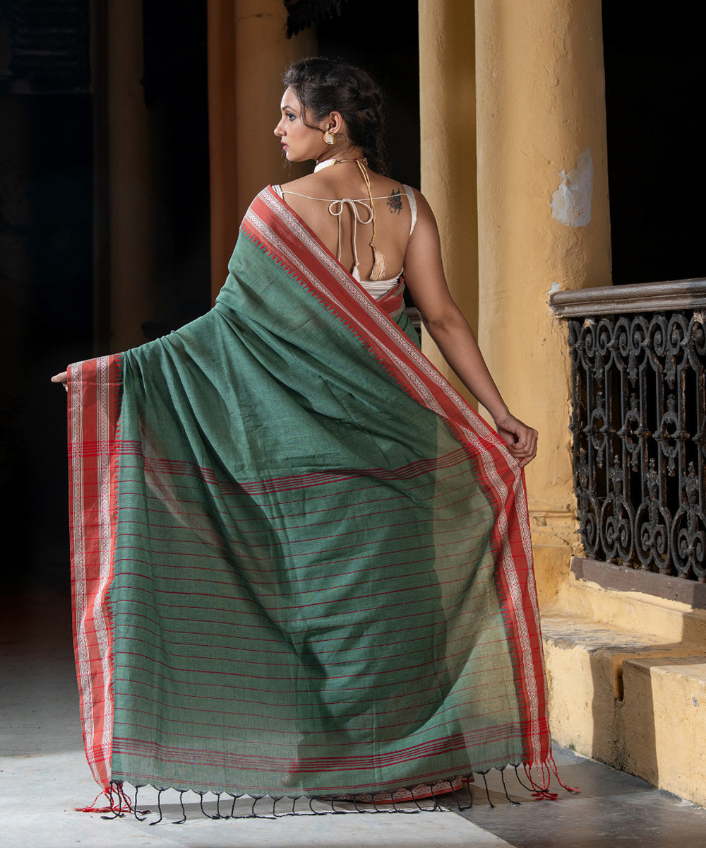 Lagoon green cotton stripes pallu handloom saree