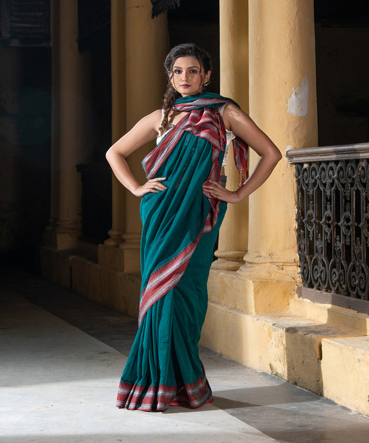 Rama green cotton stripes pallu handloom saree