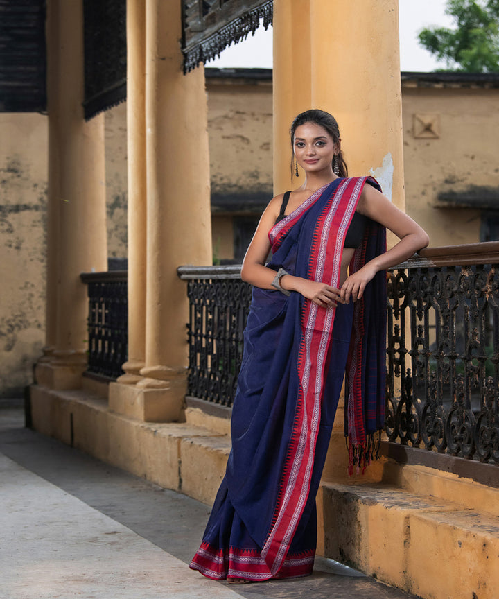 Cobalt blue cotton stripes pallu handloom saree