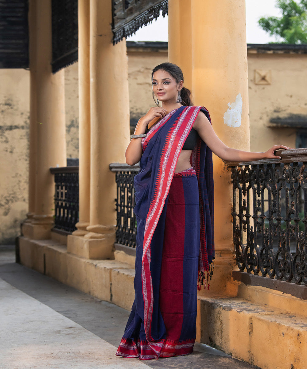 Cobalt blue cotton stripes pallu handloom saree