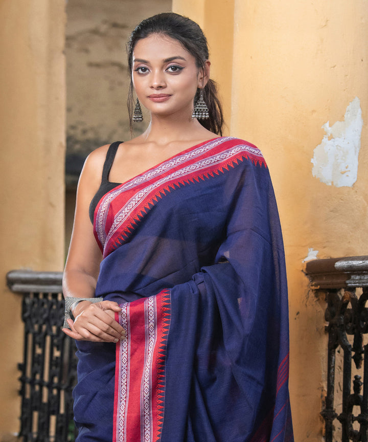 Cobalt blue cotton stripes pallu handloom saree