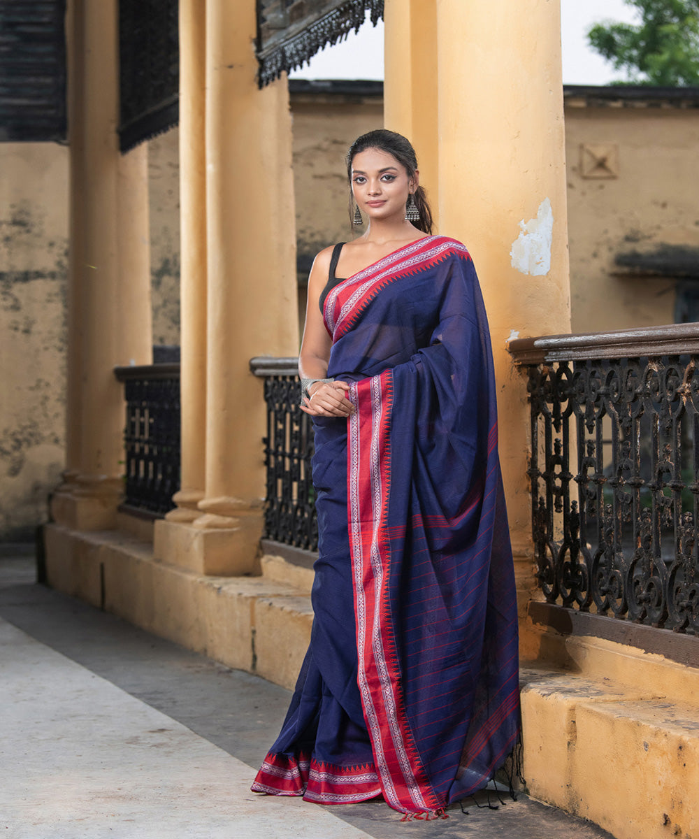 Cobalt blue cotton stripes pallu handloom saree